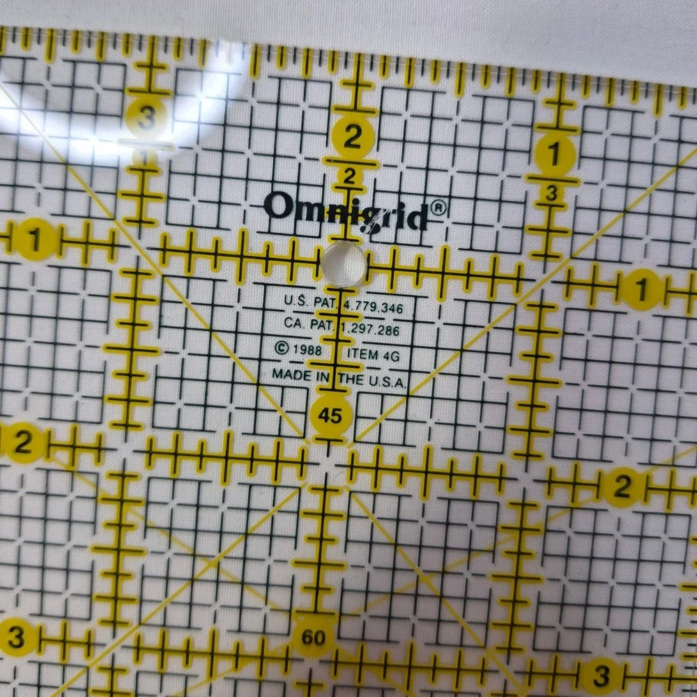 Omnigrid 4G Square Quilting Ruler 4x4 Clear Yellow Acrylic Vintage 1988 USA